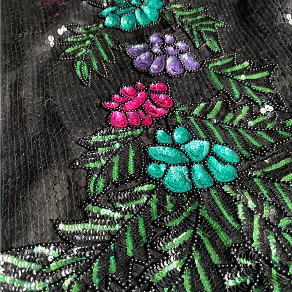 Vtg Stenay Black Multi Color Floral Silk Beaded Sequin Evening Blouse Top Size S - Picture 2 of 12